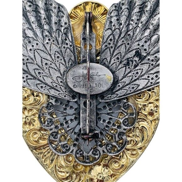 Vintage Jane Crystal Glass Large Gold Silver Tone Angel Heart Paisley Brooch - Picture 6 of 6